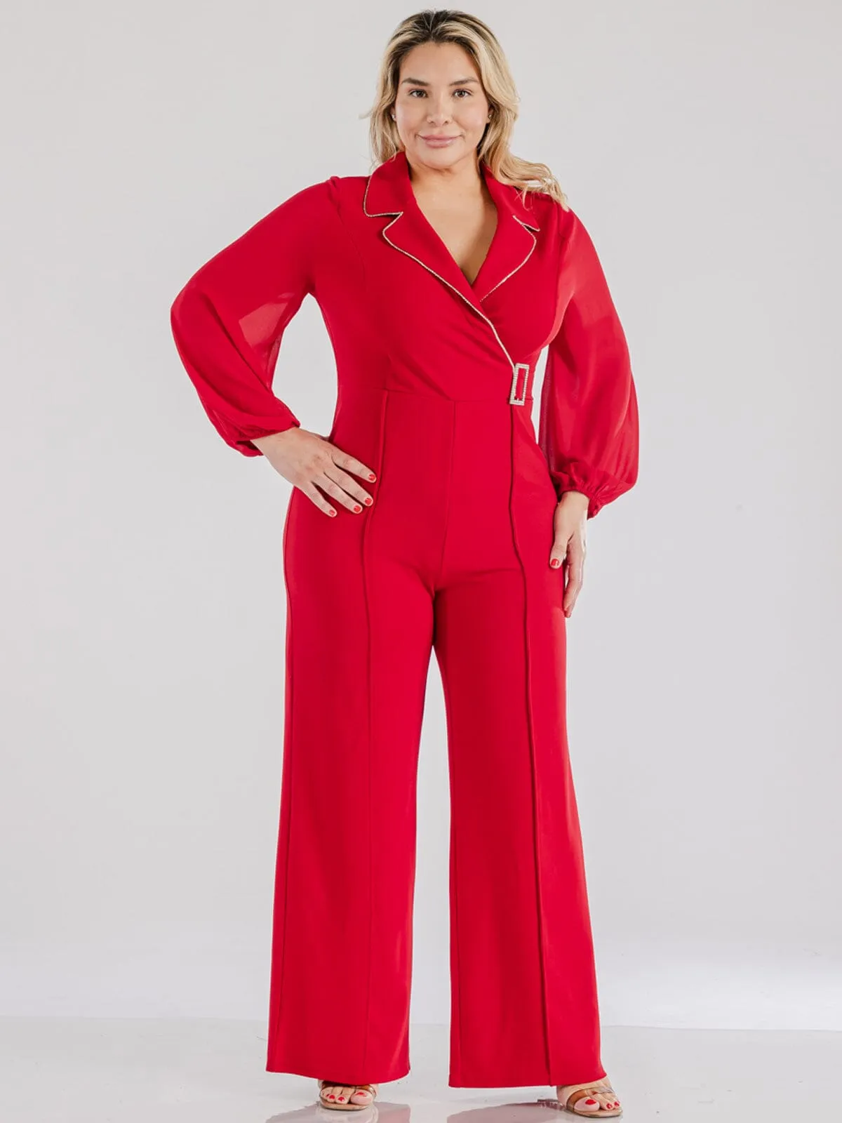 PLUS SIZE LONG SLEEVE SURPLICE WIDE LEG JUMPSUIT