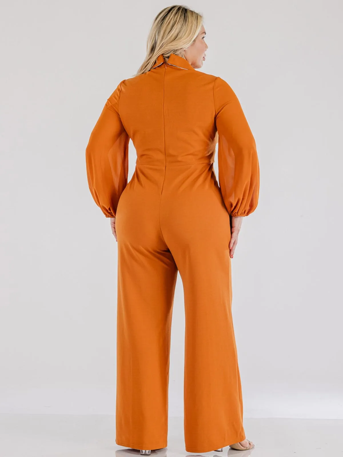 PLUS SIZE LONG SLEEVE SURPLICE WIDE LEG JUMPSUIT