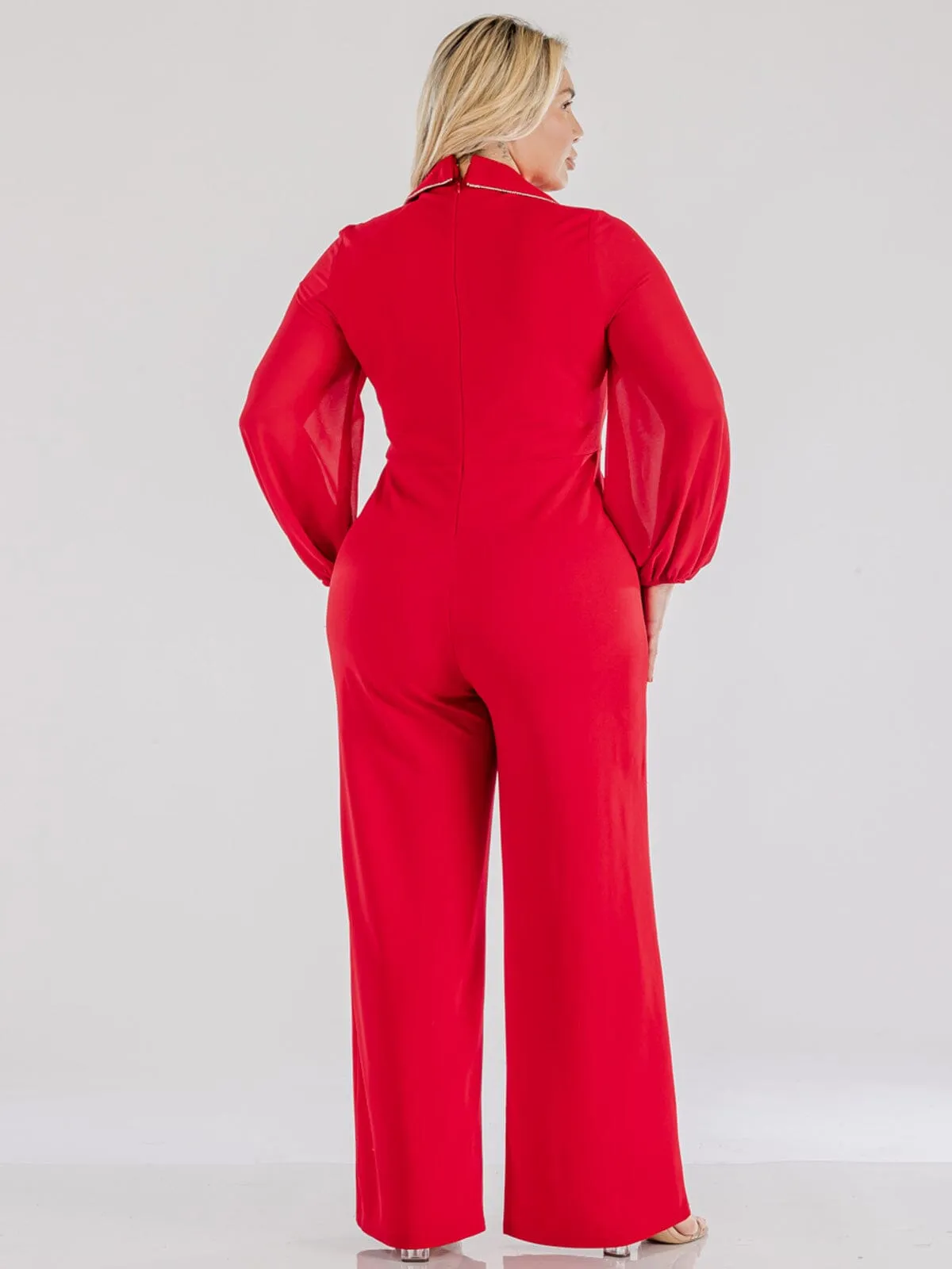 PLUS SIZE LONG SLEEVE SURPLICE WIDE LEG JUMPSUIT