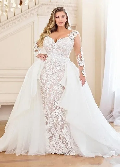 Plus Size Mermaid  Bridal Dress With Detachable Train Lace Appliques With Illusion Long Sleeves