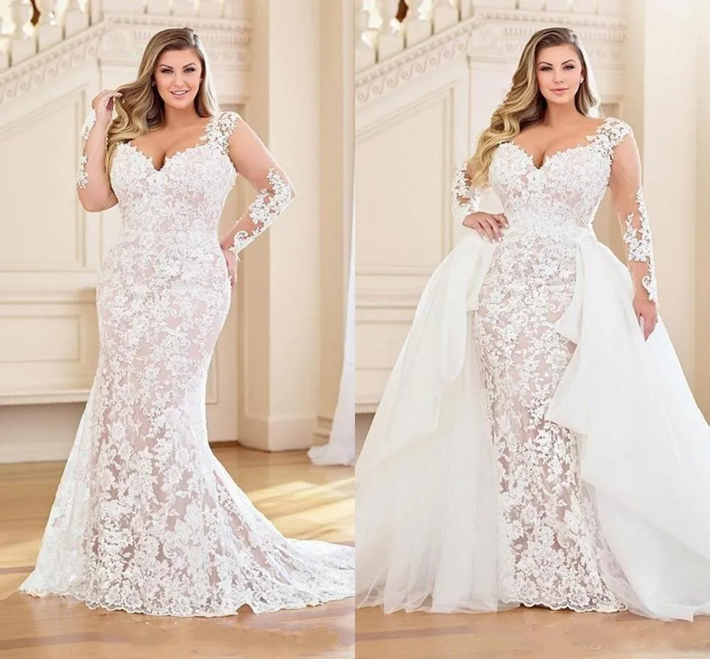 Plus Size Mermaid  Bridal Dress With Detachable Train Lace Appliques With Illusion Long Sleeves