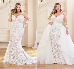 Plus Size Mermaid  Bridal Dress With Detachable Train Lace Appliques With Illusion Long Sleeves