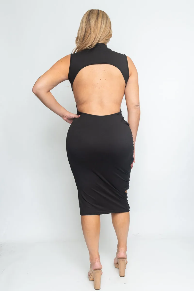 Plus Size open Back Cut Out on Right Side Midi Dress* (D11368X)