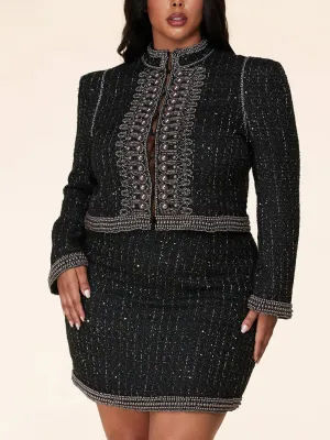 PLUS SIZE PEARL DETAILED 2PC. JACKET AND MINI SKIRT SET
