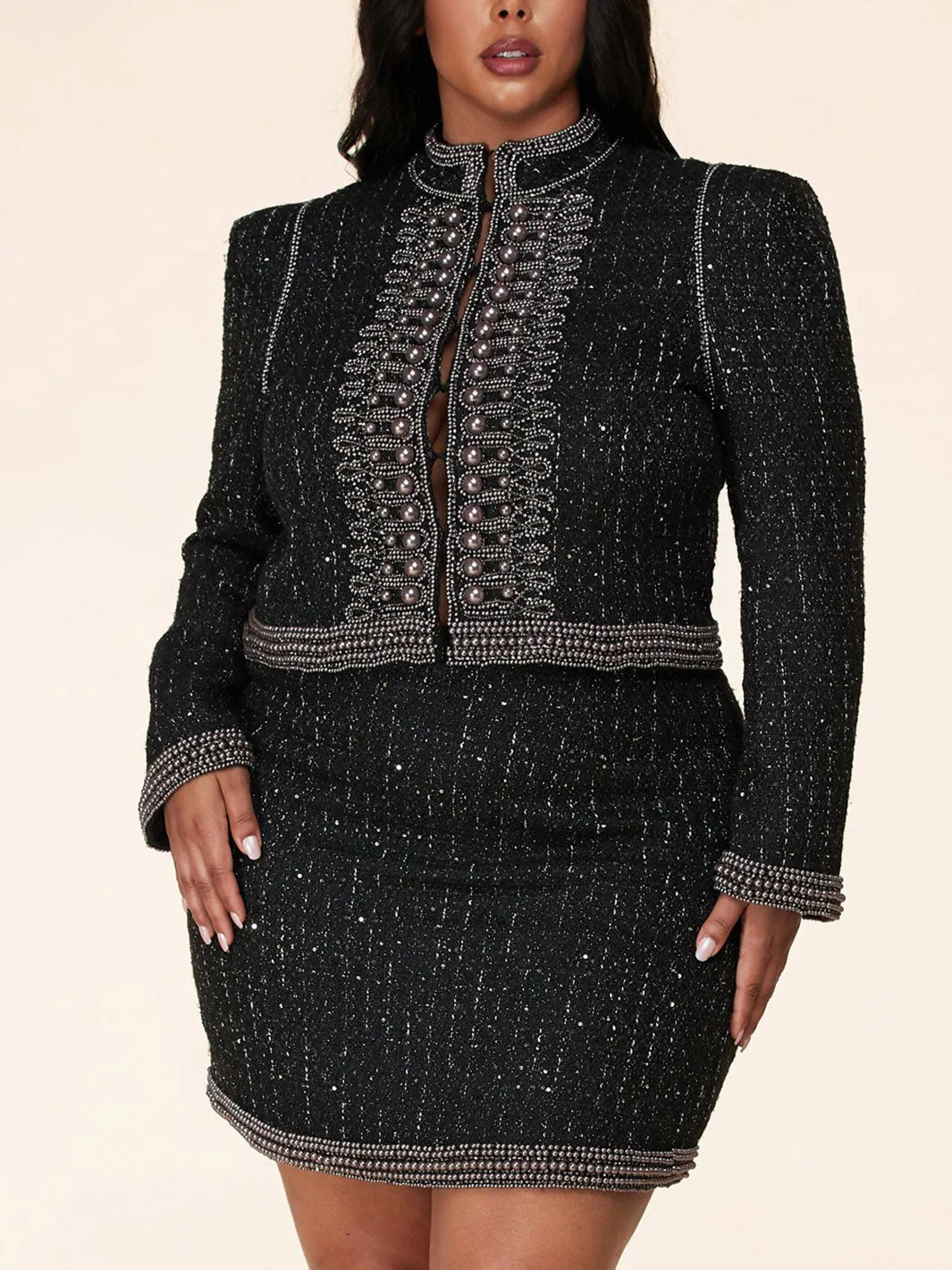 PLUS SIZE PEARL DETAILED 2PC. JACKET AND MINI SKIRT SET