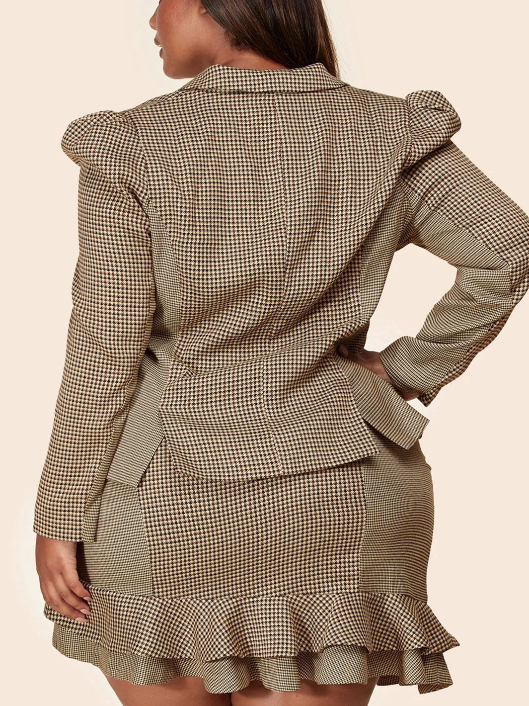PLUS SIZE PLAID PRINT 2PC. JACKET AND MINI SKIRT RUFFLE SET
