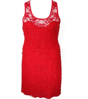 Plus Size Ruffle See Through Lace Red Dress