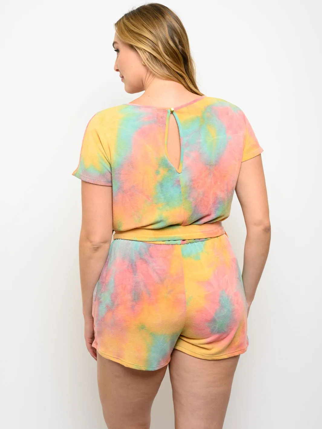 PLUS SIZE SELF TIE SHORT SLEEVE TIE DYE ROMPER