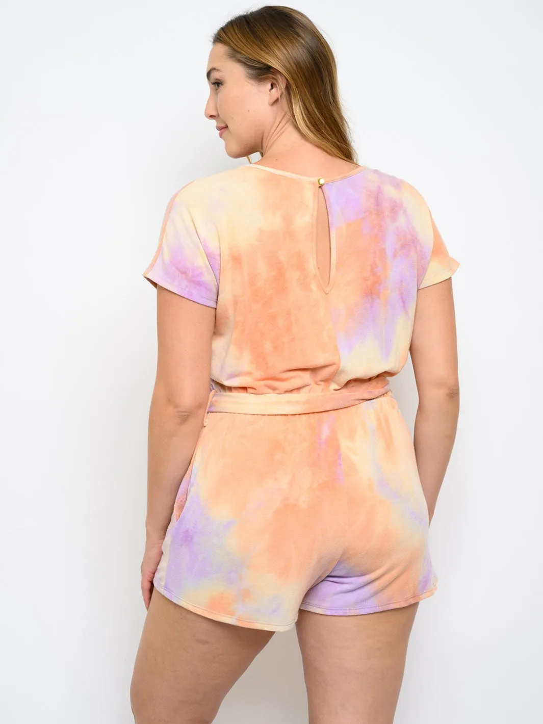 PLUS SIZE SELF TIE SHORT SLEEVE TIE DYE ROMPER