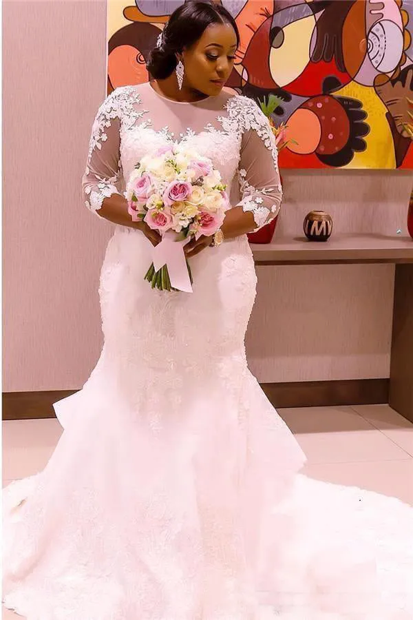 Plus Size Sheer 3-4 Long Sleeves Lace Mermaid Wedding Dress-715408