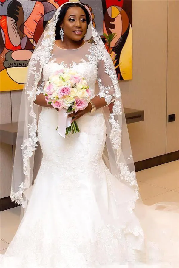 Plus Size Sheer 3-4 Long Sleeves Lace Mermaid Wedding Dress-715408