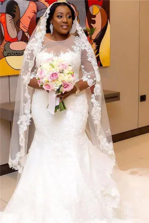 Plus Size Sheer 3-4 Long Sleeves Lace Mermaid Wedding Dress-715408