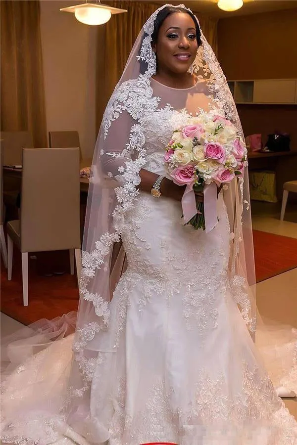 Plus Size Sheer 3-4 Long Sleeves Lace Mermaid Wedding Dress-715408