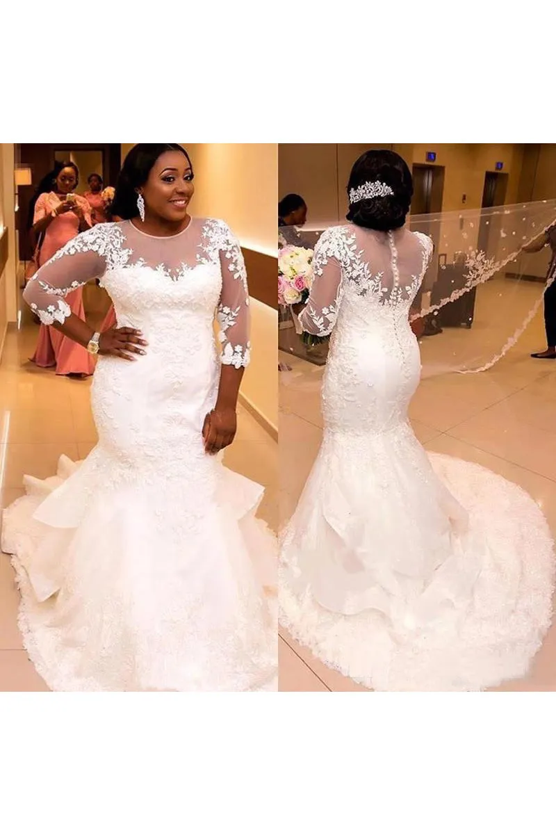 Plus Size Sheer 3-4 Long Sleeves Lace Mermaid Wedding Dress-715408