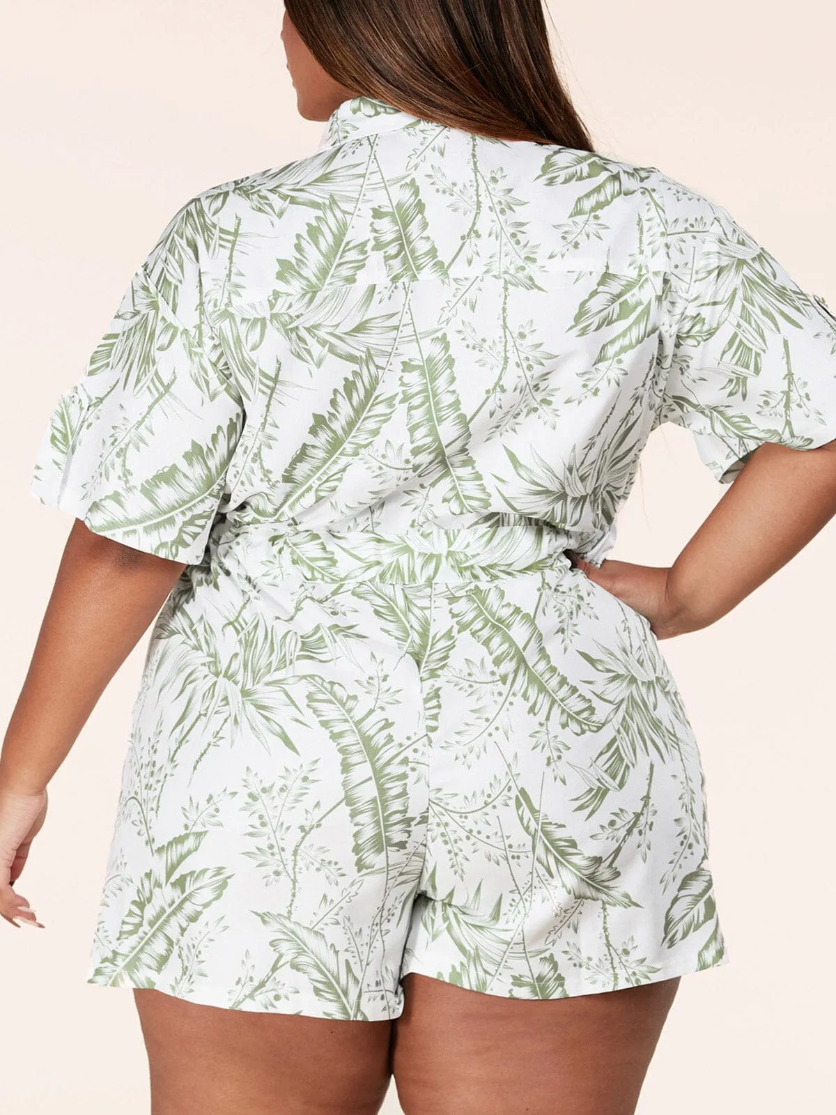 PLUS SIZE SHORT SLEEVE BUTTON UP LEAF PRINT ROMPER