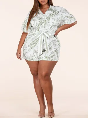 PLUS SIZE SHORT SLEEVE BUTTON UP LEAF PRINT ROMPER