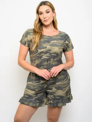 PLUS SIZE SHORT SLEEVE CAMO PRINT ROMPER