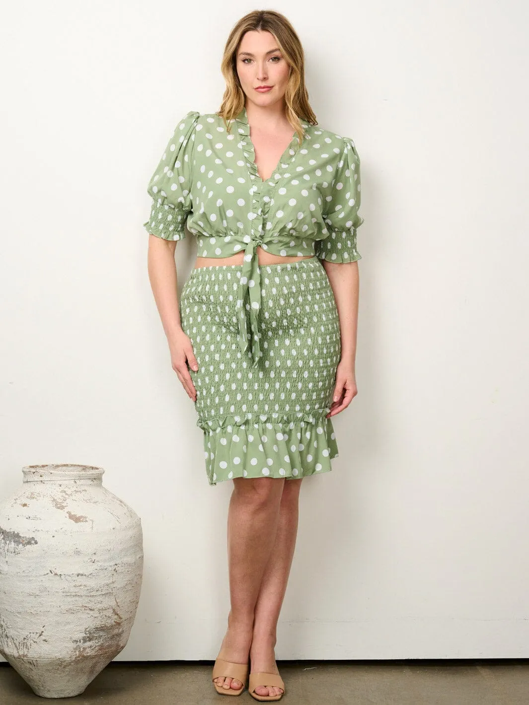 PLUS SIZE SHORT SLEEVE CROP TOP & SMOCKED MINI SKIRT 2PC. SET