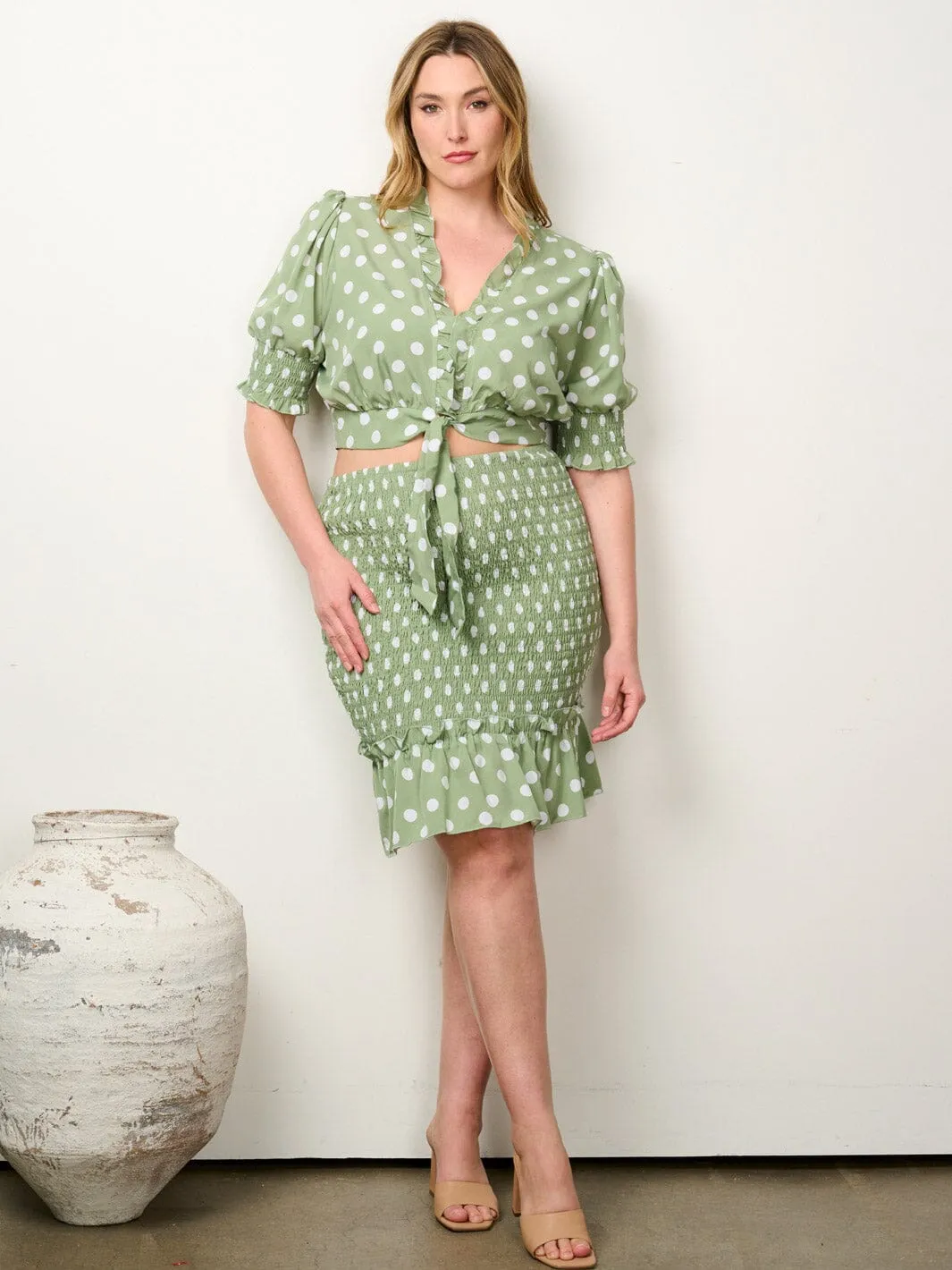 PLUS SIZE SHORT SLEEVE CROP TOP & SMOCKED MINI SKIRT 2PC. SET