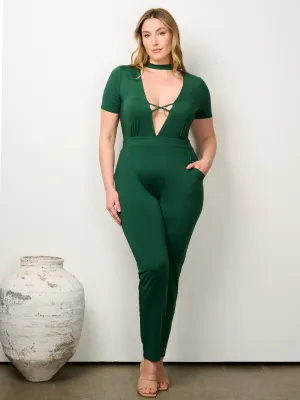 PLUS SIZE SHORT SLEEVE V-NECK POCKETS JUMPSUIT