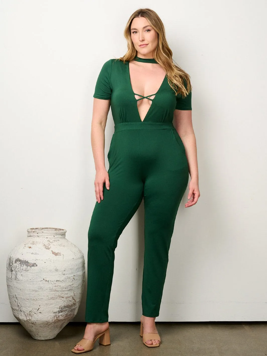 PLUS SIZE SHORT SLEEVE V-NECK POCKETS JUMPSUIT