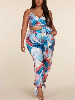 PLUS SIZE SLEEVELESS CROP TOP & PANTS MULTI PRINT SET