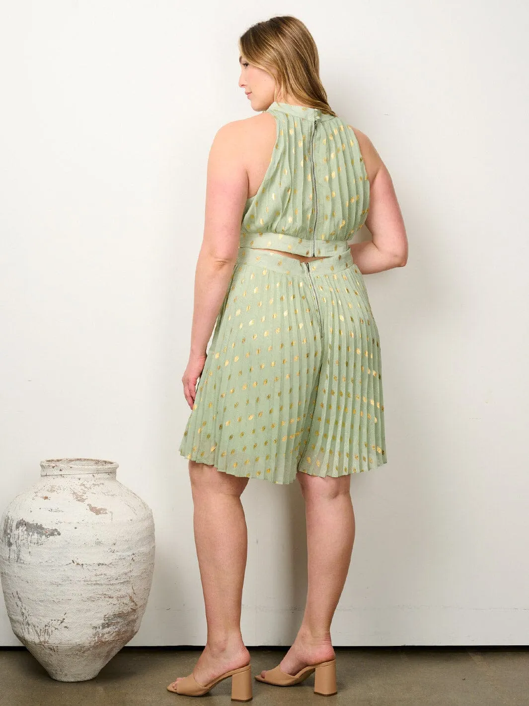 PLUS SIZE SLEEVELESS CUT OUT PLEATED SHIMMER ROMPER