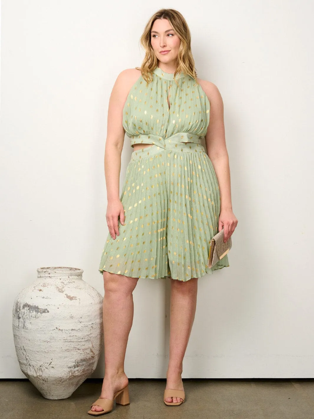 PLUS SIZE SLEEVELESS CUT OUT PLEATED SHIMMER ROMPER