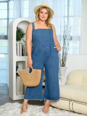 PLUS SIZE SLEEVELESS POCKETS DENIM JUMPSUIT