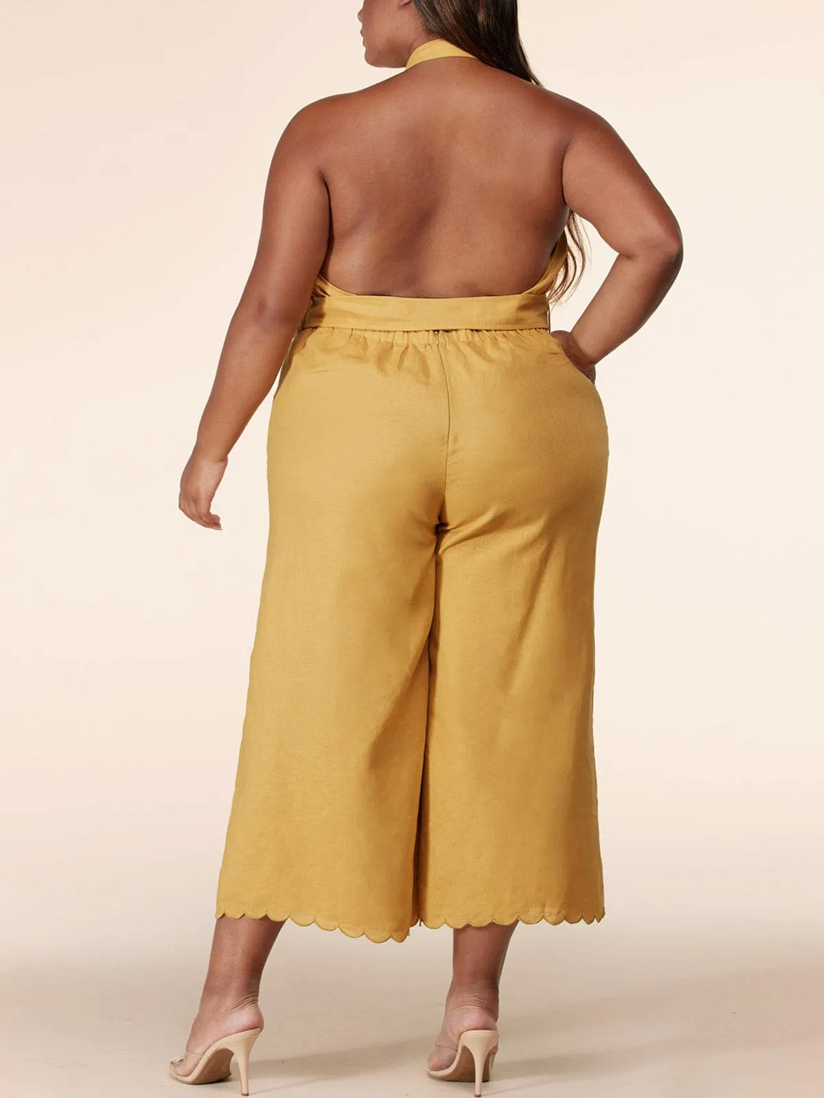 PLUS SIZE SLEEVELESS RUFFLE OPEN BACK  JUMPSUIT