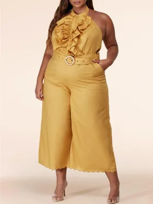 PLUS SIZE SLEEVELESS RUFFLE OPEN BACK  JUMPSUIT