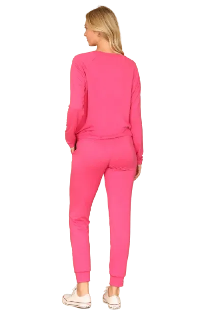 Plus Size Solid Long Sleeve Top and Joggers Set with Self Tie Fuchsia Lt. - Pack of 6
