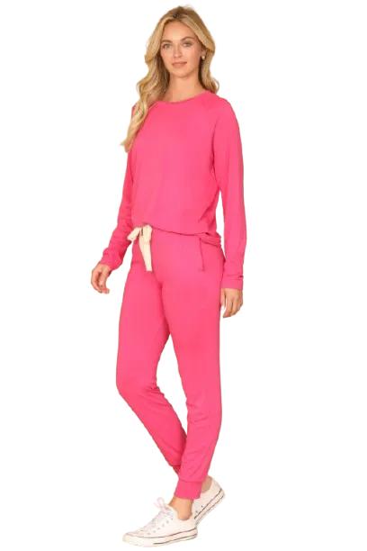 Plus Size Solid Long Sleeve Top and Joggers Set with Self Tie Fuchsia Lt. - Pack of 6
