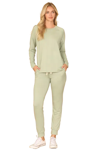 Plus Size Solid Long Sleeve Top and Joggers Set with Self Tie Sage - Pack of 6