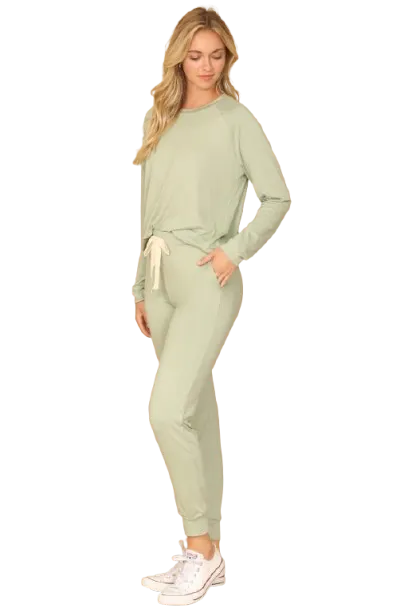 Plus Size Solid Long Sleeve Top and Joggers Set with Self Tie Sage - Pack of 6
