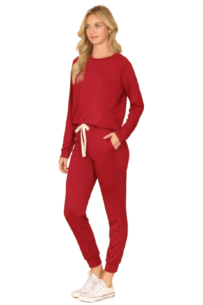 Plus Size Solid Long Sleeve Top and Joggers Set with Self Tie Wine - Pack of 6