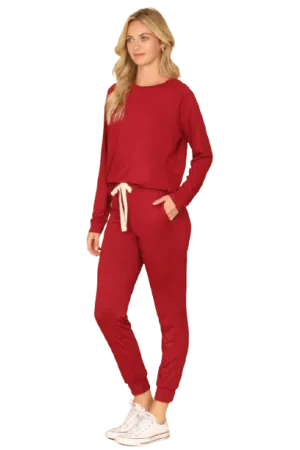 Plus Size Solid Long Sleeve Top and Joggers Set with Self Tie Wine - Pack of 6