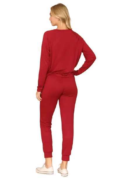 Plus Size Solid Long Sleeve Top and Joggers Set with Self Tie Wine - Pack of 6