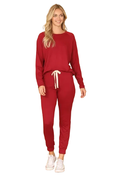 Plus Size Solid Long Sleeve Top and Joggers Set with Self Tie Wine - Pack of 6
