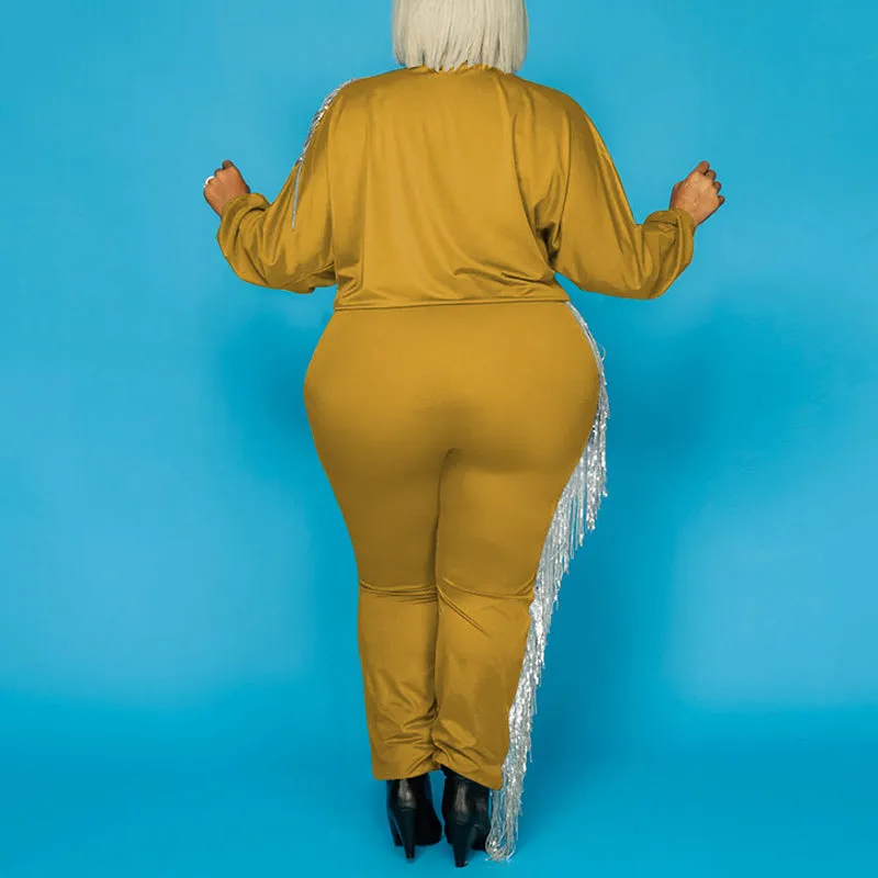 Plus Size Solid Tassel Design One Shoulder Straight Pants Set