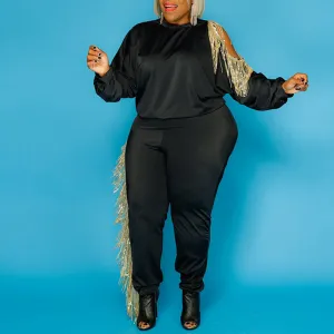 Plus Size Solid Tassel Design One Shoulder Straight Pants Set