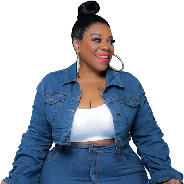 Plus Size Stacked Denim Jacket & Pant Set or Seperate