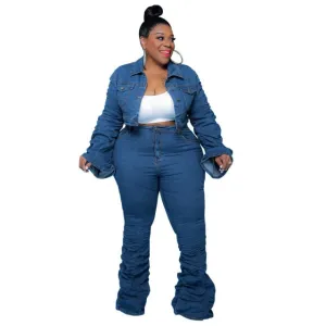 Plus Size Stacked Denim Jacket & Pant Set or Seperate