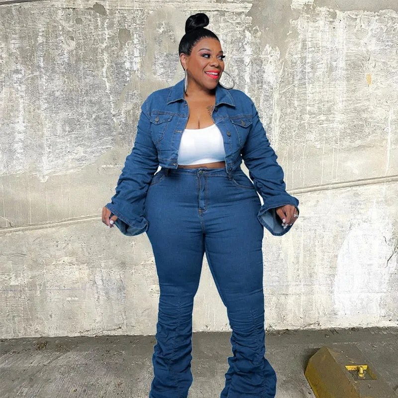 Plus Size Stacked Denim Jacket & Pant Set or Seperate