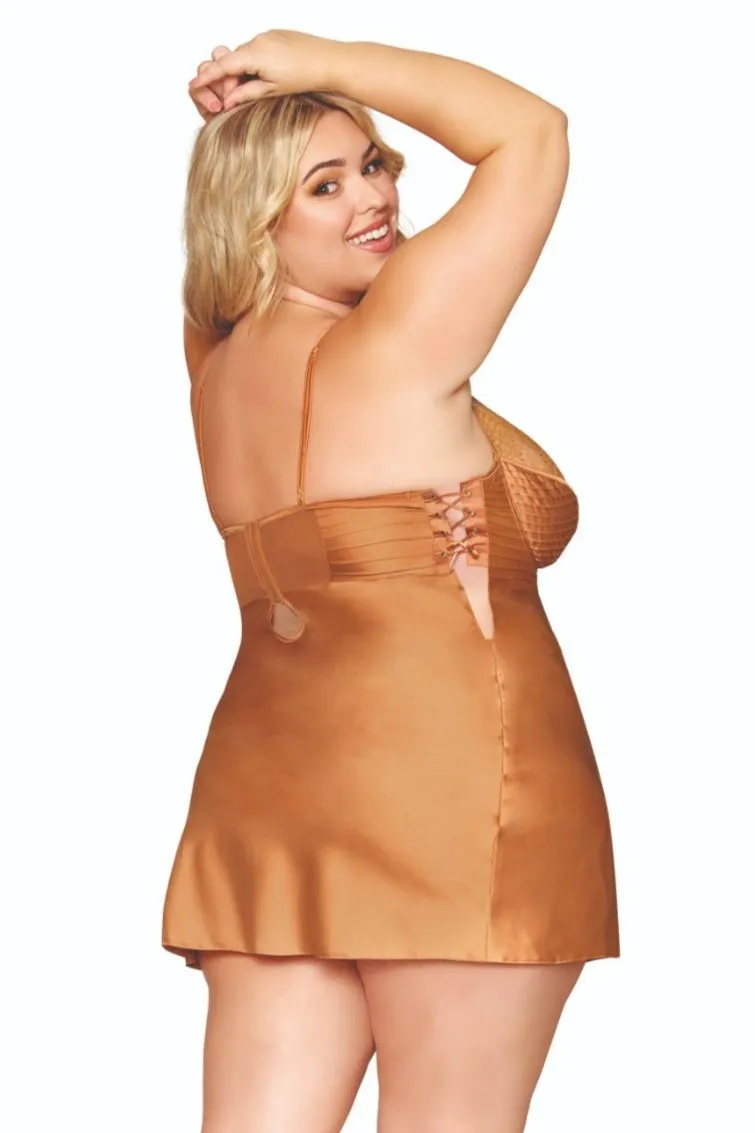 Plus Size Stretch Satin Chemise with Lace Details