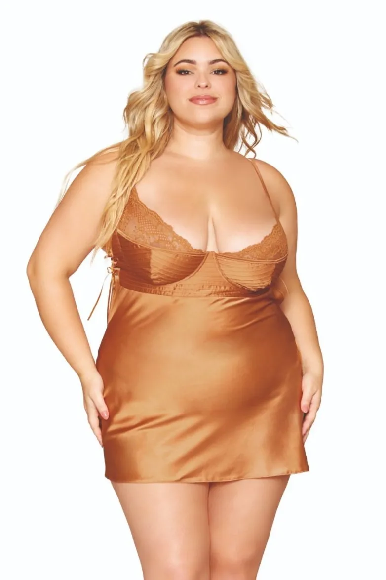 Plus Size Stretch Satin Chemise with Lace Details