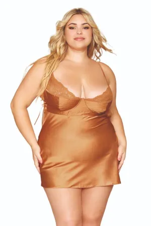 Plus Size Stretch Satin Chemise with Lace Details