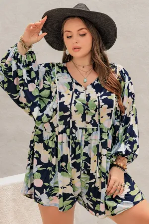 Plus Size Tied Printed Long Sleeve Romper