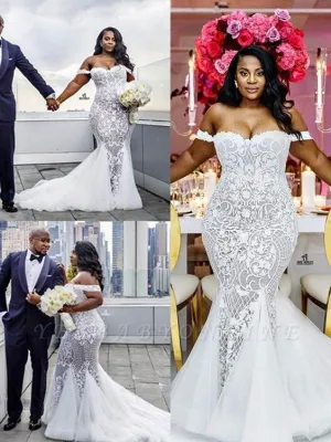 plus size wedding dresses for bride mermaid lace appliqué elegant off shoulder bridal dress
