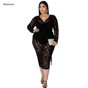 Plus Size Women Lace Midi Off Shoulder V-neck Dresses Bodycon